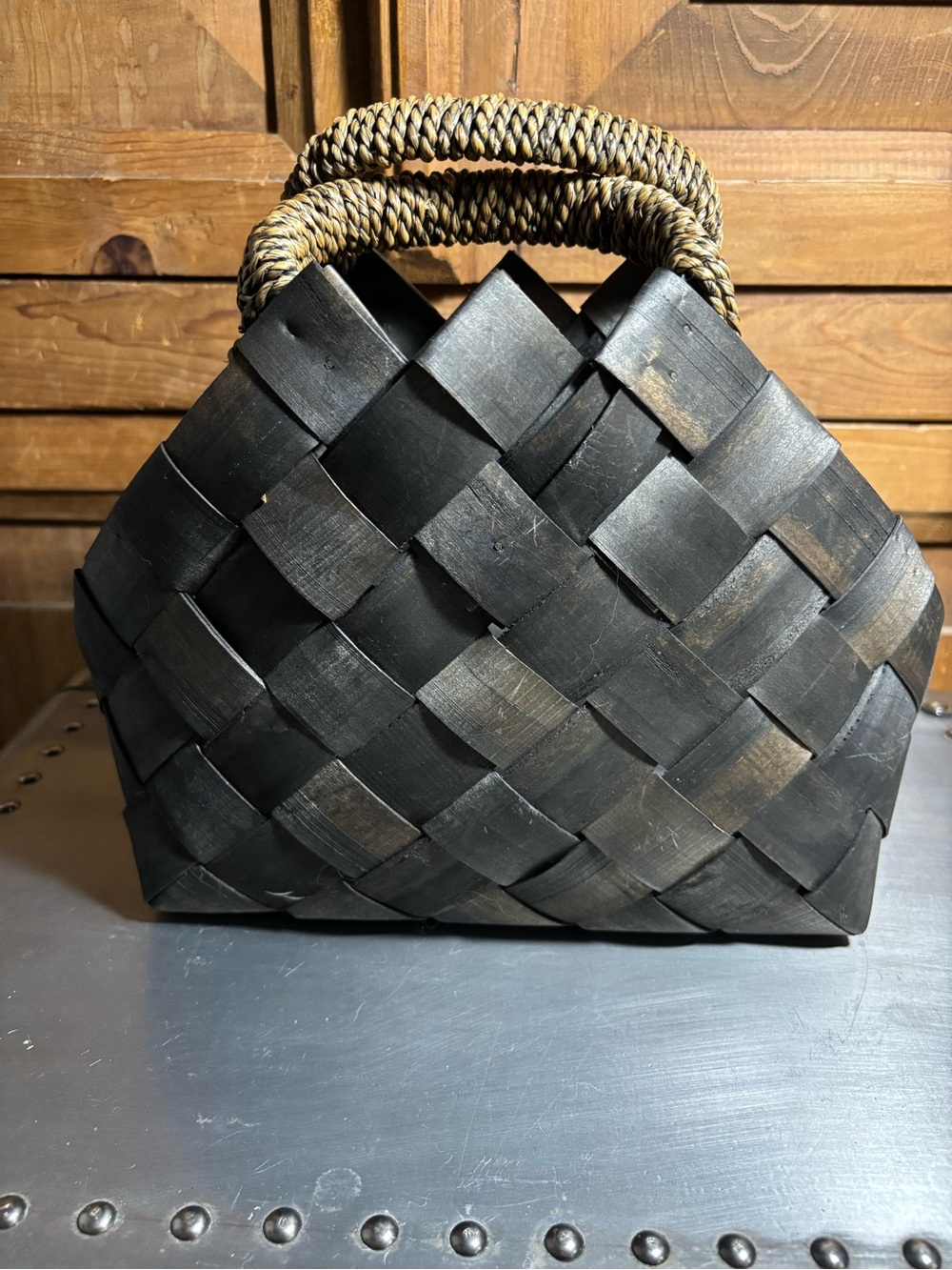 Woven Wooden Black Handbag with Natural Rope Handles